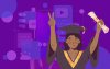 Ilustração de uma mulher negra, de beca, e com o diploma na mão, em fundo roxo, com códigos, remetendo a tecnologia