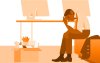 Imagem em desenho mostra um pessoa sentada e com a cabeça baixa apoiada nos braços. Atrás dele, uma mesa e, sobre ela, um computador. no pé da mesa, uma caixa com pertences pessoais