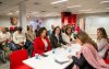 Da esq. para dir.: Erica de Oliveira, coordenadora da COE Bradesco; Juvandia Moreira, presidenta da Contraf; e Neiva Ribeiro, presidenta do Sindicato (foto: Seeb-SP)