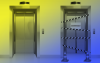 Imagem de elevadores, com um deles em manutenção, em tons de azul e amarelo