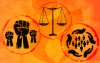 Imagem com três ícones: punhos cerrados, balança da Justiça e acolhimento. Em fundo laranja