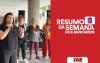 Foto da presidenta do Sindicato em protesto contra as demissões do Itaú, acompanhada do logotipo do Resumo da Semana