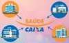 Arte composta do logo do Saúde Caixa ao centro. Ao redor, quatro imagens de hospitais ligadas por flechas ao logo no centro