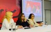 Valeska Pincovai, diretora executiva do Sindicato e coordenadora da COE Itaú; Neiva Ribeiro, presidenta do Sindicato e coordenadora do Comando Nacional dos Bancários; e Aline Molina, diretora executiva do Sindicato e presidenta da Fetec-CUT/SP (Foto: Seeb-SP)