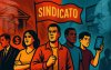 Ilustração de dois banqueiros ao fundo, em cores diferentes, em oposição, com trabalhadores em primeiro plano, empunhando uma bandeira onde se lê "sindicato", simbolizando a luta em defesa dos direitos da categoria bancária (Montagem: Linton Publio)