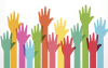 Imagem em desenho composta de diversos braços erguidos com as palmas abertas, cada um de uma cor