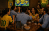 imagem feita por inteligência artificial mostra bancários sentados ao redor de uma mesa de bar vibrando com um jogo da seleção brasileira