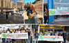 Mosaico com cinco fotos da mobilização dos bancários por regiões de São Paulo e Osasco