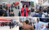 Mosaico com seis fotos do Dia Nacional de Luta no Bradesco; nas fotos, dirigentes estão conversando com bancários na frente de agências do banco