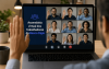 Imagem de IA mostra um homem em frente a um computador e na tela desse computador vários homens e mulheres levantando a mão