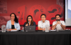 Imagem mostra lado a lado sentados em frente a uma mesa os dirigentes Luiza Hansen, Niva Ribeiro, Sérgio Takemoto e Leonardo Quadros