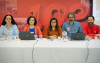 Imagem mostra, sentados em frente a uma mesa e lado a lado Luiza Hansen, Lucimara Malaquias, Neiva Ribeiro, Chico Pugliesi e Leonardo Quadros