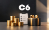 Imagem mostra pilhas de moedas sob o logo do C6