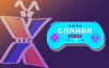 Imagem de um controle de jogos, acompanhada do logo da Caixa