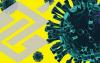 Arte composta pelo logo do Banco do Brasil na cor cinza, à esquerda, envolto em concepções de coronavírus, sobre um fundo amarelo