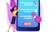 Arte em desenho composta pela figura de uma mulher ao lado de um telefone celular em tamanho gigante em cuja tela se lê a palavra "vote"