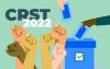 Arte com fundo verde composta por punhos erguidos indicando vitória e luta, uma urna na cor azul com uma mão de pele negra votando, e no canto superior esquerdo, o texto CRST 2022