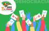 Ilustração de várias mãos para cima, remetendo ao processo democrático, acompanha do logo do 1º de maio das centrais sindicais