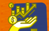 Desenho composto por uma mão, abaixo de um gráfico em linha representando crescimento, moedas e o símbolo do cifrão. Ao fundo, o quadrado negro que representa o logo do itaú, sob a cor laranja do banco