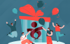 Imagem de um presente de natal, com o logo do Sindicato, com pessoas felizes em volta