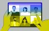 arte nas cores do Banco do Brasil (azul e amarela) mostra uma tela de tablet com vários rostos representando os delegados do Congresso Nacional dos Funcionários do Banco do Brasil