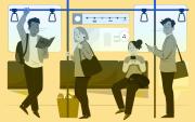 Imagem em desenho mostra pessoas dentro de um transporte coletivo, com semblantes feliz