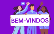 Ilustração de três pessoas segurando uma placa escrito "bem-vindos"