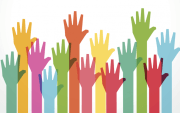Imagem em desenho composta de diversos braços erguidos com as palmas abertas, cada um de uma cor