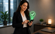 Imagem mostra uma mulher mexendo em um telefone celular cuja tela projeta um ícone de "check" indicando aprovaçao