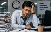 Imagem de um homem sentado em uma mesa de trabalho com a cabeça apoiada em uma das mãos e cara de cansado