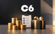Imagem mostra pilhas de moedas sob o logo do C6
